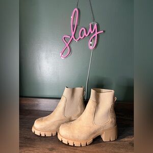 Tan Sock Style Booties Ankle Boots Suede Look Size 8.5